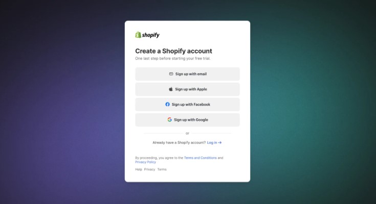 Shopify free trual sign up